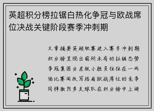 英超积分榜拉锯白热化争冠与欧战席位决战关键阶段赛季冲刺期